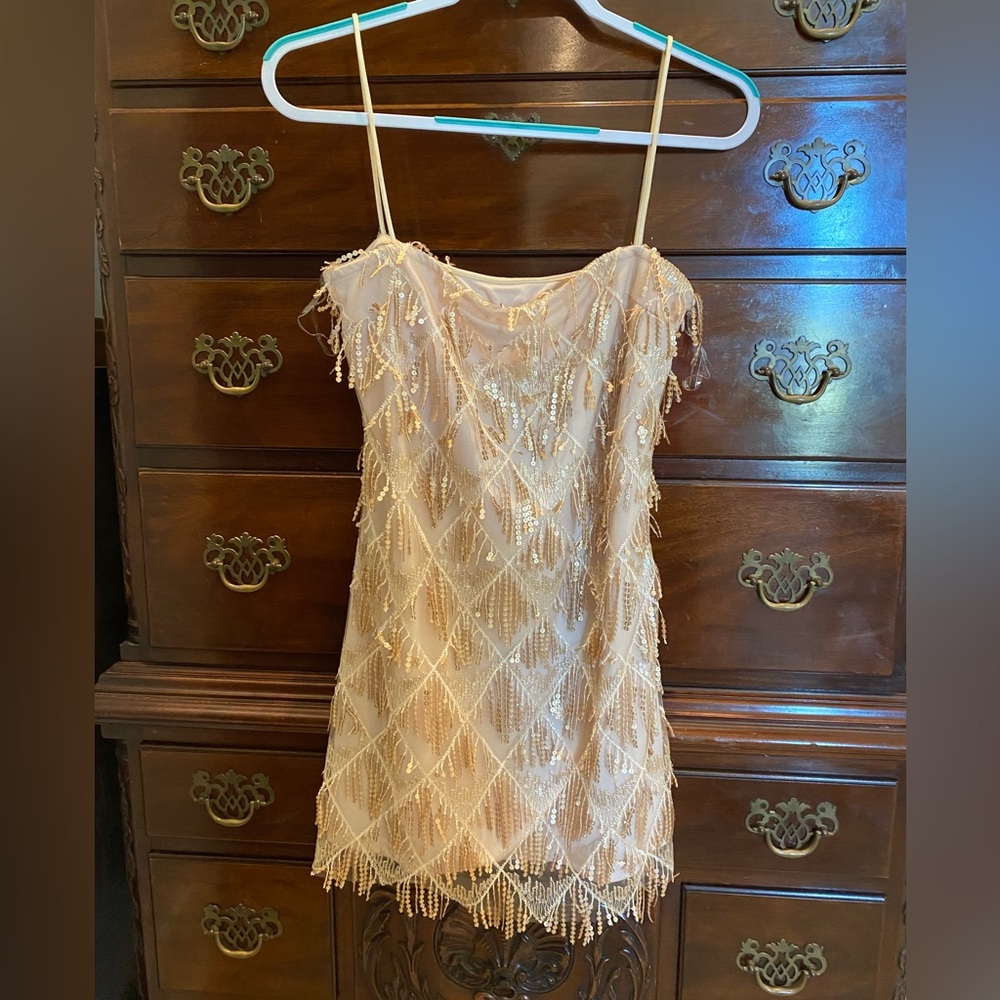 Never worn, bought for Taylor Swift concert but too short. Gold sequin fringe